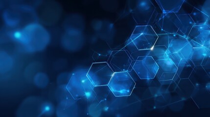 Futuristic abstract blue background with overlapping transparent hexagons and glowing lines, tech network concept, simple clean design for banner use