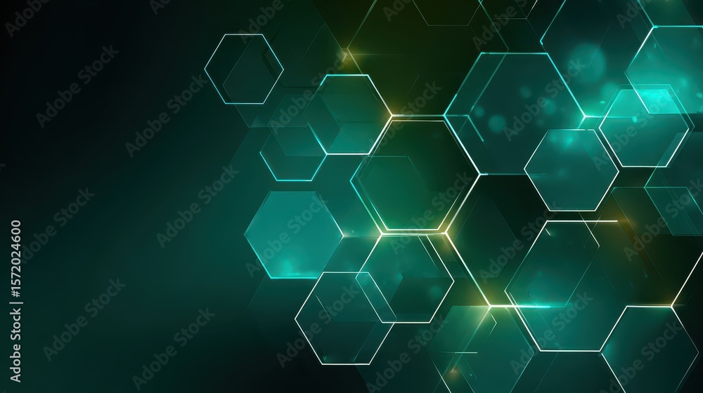 Poster futuristic abstract green background with overlapping transparent hexagons and glowing lines, tech n
