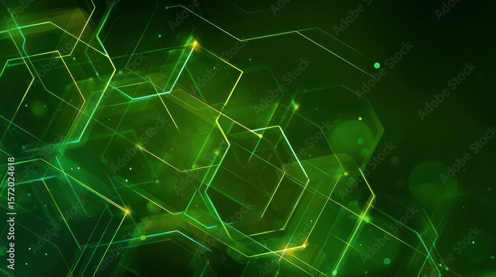 Aufkleber futuristic abstract green background with overlapping transparent hexagons and glowing lines, tech n