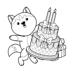 Happy Birthday Coloring Page with cute husky