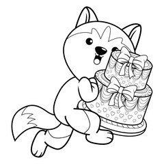 Happy Birthday Coloring Page with cute husky