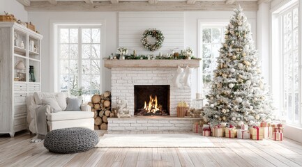Fototapeta premium Cozy living room with a decorated Christmas tree, fireplace, and gifts, creating a festive and warm holiday atmosphere.
