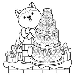 Happy Birthday Coloring Page with cute husky