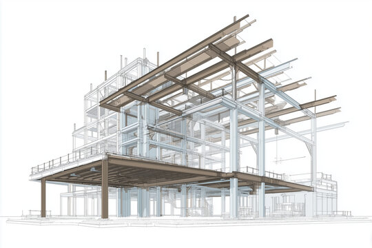 exploded view of a building&rsquo;s structural frame, showing beams and columns in 3D CAD-style illustration