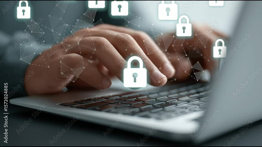 Poster a person is typing on a laptop with a keypad and a lock icon
