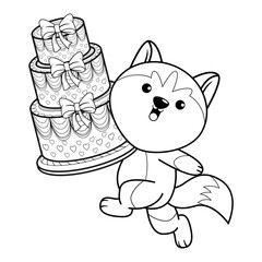 Happy Birthday Coloring Page with cute husky