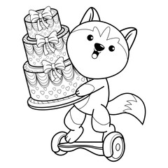 Happy Birthday Coloring Page with cute husky