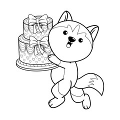 Happy Birthday Coloring Page with cute husky