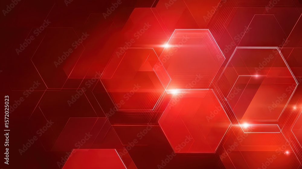 Aufkleber futuristic abstract red background with overlapping transparent hexagons and glowing lines, tech net