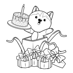Happy Birthday Coloring Page with cute husky