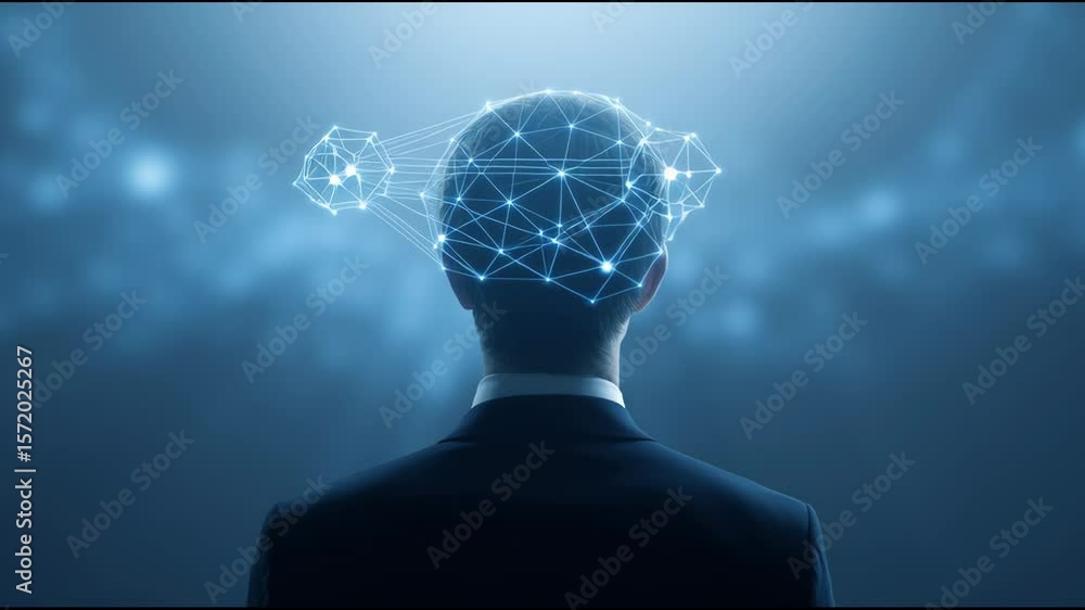 Poster a man in a suit is looking at a computer screen with a brain on it