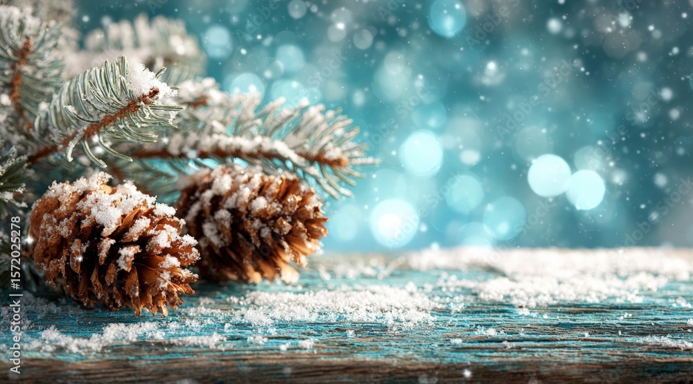 Canvas Prints snow-dusted pine cones and branches on a wooden surface with a sparkling blue bokeh background, evok