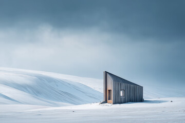 Minimal cabin stands alone in snow