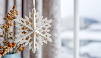 Snowflake ornament hangs near window