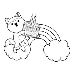 Happy Birthday Coloring Page with cute husky