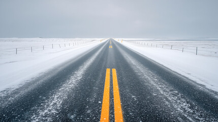 Endless snowy road in Nordic landscape