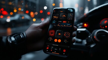 A person holds a smartphone displaying multiple customizable dashboard-style widgets, viewed through a car window on a rainy city night