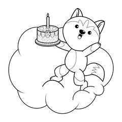 Happy Birthday Coloring Page with cute husky