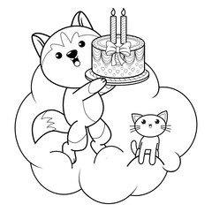 Happy Birthday Coloring Page with cute husky