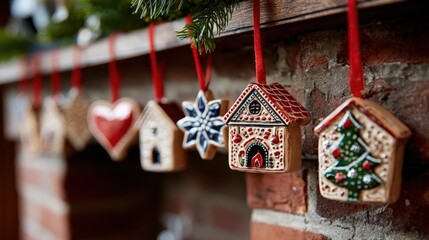 Ceramic Christmas ornaments hang from a mantel, featuring festive designs of houses, hearts, and stars, creating a cozy holiday atmosphere.