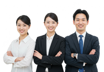 Three smiling business professionals in suits isolated on transparent background