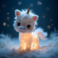 Obraz premium A magical, fantasy-themed soft toy unicorn gently glowing in a dreamy room.