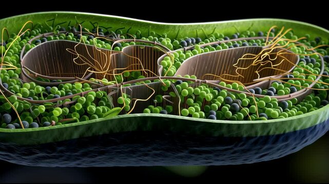 A green cell with a brown stem and a black background