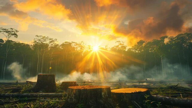 Deforestation Scene with Tree Stumps and Smoke at Sunset.