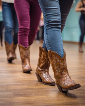 Authentic Group Line Dancing in Cowboy Boots on Polished Wooden Floor Premium Lifestyle Content for Social Connection and Event Marketing Campaigns