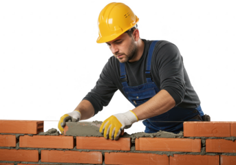 Construction worker laying bricks and building a wall isolated on transparent background