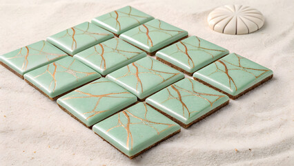 Green and gold mosaic tiles arranged on a sandy surface