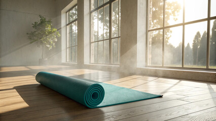 Yoga mat and serene studio for fitness and wellness with sunlight streaming through windows for zen practice