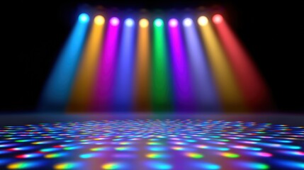 Colorful spotlights illuminate a stage, casting vibrant patterns on the floor in a dark setting, creating a lively and festive atmosphere.