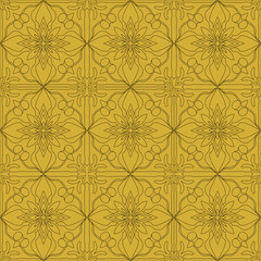 Seamless Geometric Floral Line Art on Gold Background with Black Lines – Vector Pattern for Fabric, Tile, and Wallpaper Design