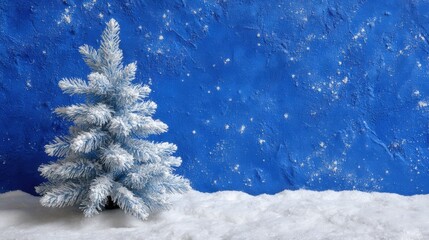 A frosted artificial Christmas tree stands on a snowy surface against a textured blue background, evoking a serene winter scene.