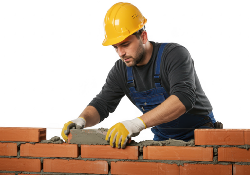 Construction worker laying bricks and building a wall isolated on transparent background