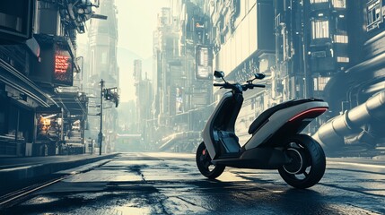 Futuristic Electric Scooter Parked in a Cyberpunk Cityscape, Urban Mobility