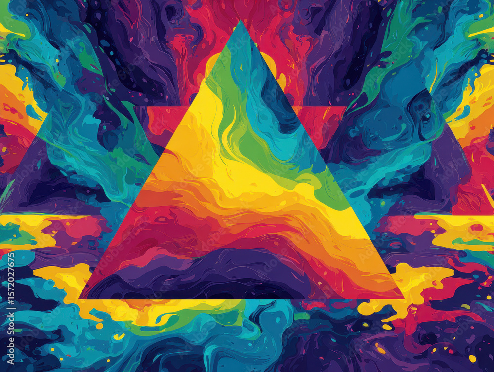 Poster surreal triangle abstract with flowing rainbow paint effect