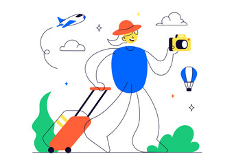 Solo Travel Vector Illustration Featuring a Character Traveling Alone for Outdoor Relaxation, Vacation Activities, and an Adventurous Lifestyle