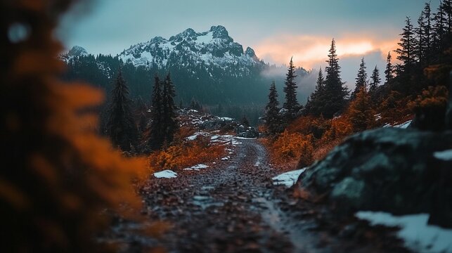 Mountain path winding through a forest at sunset, with snow-capped peaks in the background