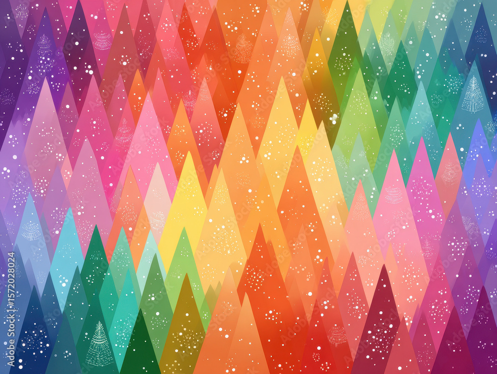 Poster whimsical rainbow triangle forest with snowfall abstract background