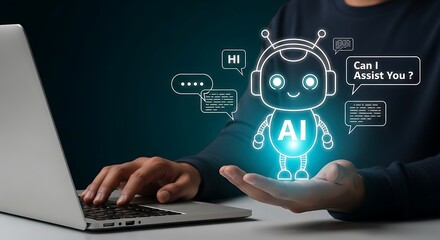 AI Chatbot Hologram Communication Concept. Digital AI Chat Bot Interface with Speech Bubbles ,Virtual Robot Chatbot with Text Message Icons,AI Support Bot Holographic Display Technologym,