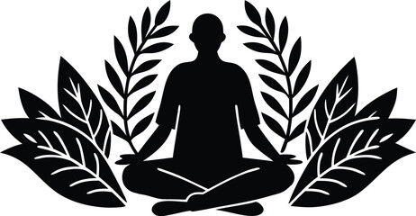 Photo of a silhouette of a person meditating surrounded by leaves, representing peace, relaxation, and mindfulness