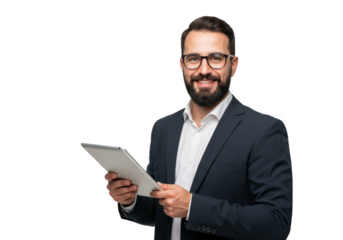 Smiling businessman holding a tablet computer isolated on transparent background
