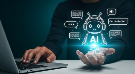 AI Chatbot Hologram Communication Concept. Digital AI Chat Bot Interface with Speech Bubbles ,Virtual Robot Chatbot with Text Message Icons,AI Support Bot Holographic Display Technologym,