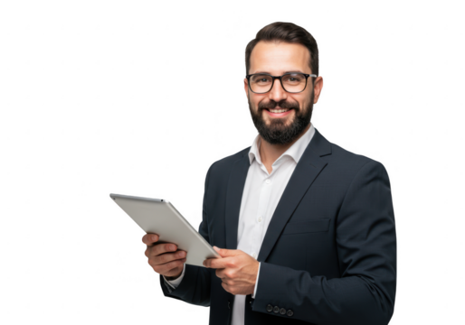 Smiling businessman holding a tablet computer isolated on transparent background