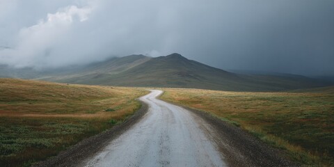Naklejka premium High-Quality Reflective Asphalt Road Winding Through Tundra Landscape with Stormy Sky for Adventure Travel and Resilience Marketing Campaigns