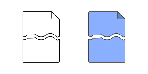 Broken document icon with file and a visible break through the paper, ideal for data breach, corrupted files, and digital security issue illustrations.