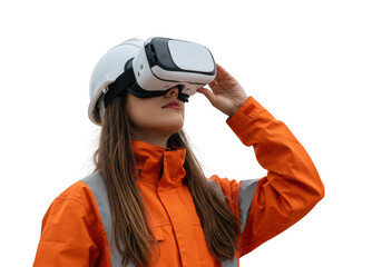 Woman wearing construction hard hat and vr headset with orange jacket isolated on transparent background