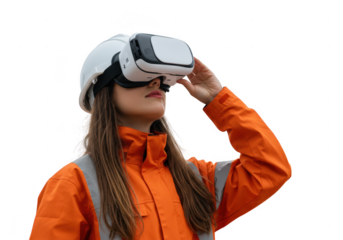 Woman wearing construction hard hat and vr headset with orange jacket isolated on transparent background